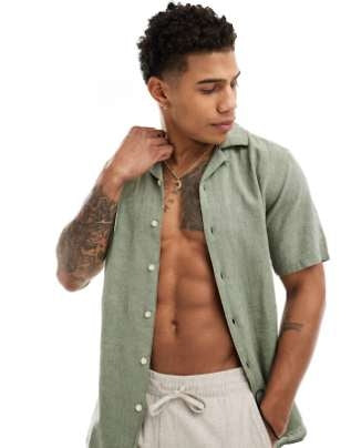 Chemise en lin mélangé avec col à revers - Vert sauge